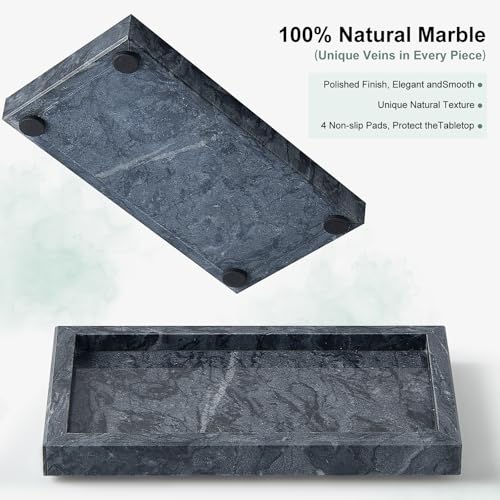 Natural Small Marble Vanity Tray, Luxury Stone Organizer for Bathroom & Kitchen | Holds Soap Dispenser, Jewelry, Perfume | Non-Resin, Non-Ceramic Décor - color: Black, size: 7.9" x 4.3" x 0.8"