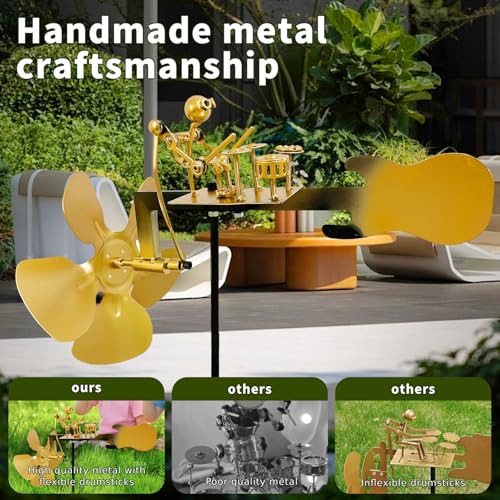 Handmade Metal Drummer Windmill, Rock Art Sculptures, Wind-Powered Kinetic Figurines, Wind Spinners for Garden Yard Lawn Patio Decor, Unique Drummer Statue Gift for Music Lovers - size: Large