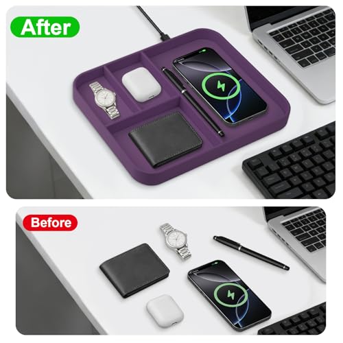 VOVIPO Faux Leather Valet Tray,with 2 in 1 Wireless Charging Compitable With iPhone/17/16/15/15 Plus/15 Pro/15 Pro Max/14/13/12/Wireless earphones,Office/Home Desk Organizers Tray-Purple - color: Purple