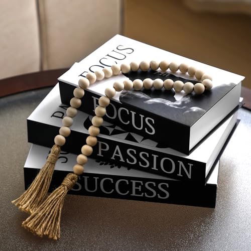 Menkxi 6 Motivational Decorative Books with Wood Bead Tassel Garland - Modern Faux Books for Office Desk, Bookshelf & Coffee Table Decor - Inspirational Aesthetic Black & White Fake Book Box Set - style: Focus