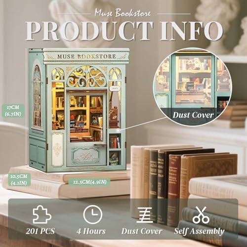 Cutefun Book Nook Kit - DIY Miniature Dollhouse Kit 3D Creative Decorative Bookend 3D Wooden Puzzle for Adults, Bookshelf Insert Library Decor with LED Light (Muse Bookstore)