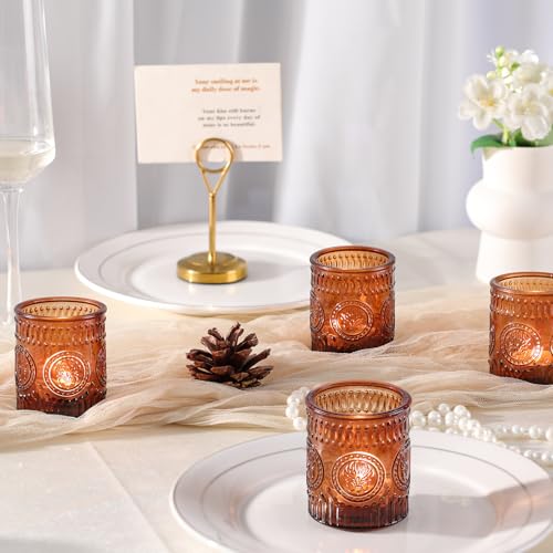 MATAHUM 24 Pcs Amber Votive Candle Holders, Glass Tealight Candle Holders for Fall Home Decorations, Wedding Table Centerpiece, Birdal Shower, Party - color: Amber