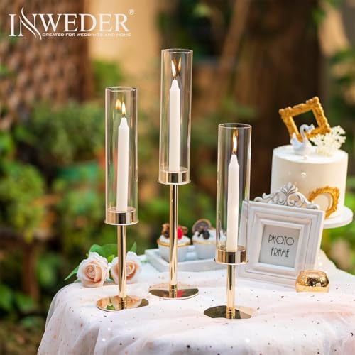 Hurricane Taper Candle Holders: Gold Glass Candlestick Holder Tall Candle Sticks Holder Decor with Glass Cover for Wedding Table Centerpiece Party Birthday Christmas Home Mantel Set of 6 - color: Gold, size: 2 Sets(6 Pcs)