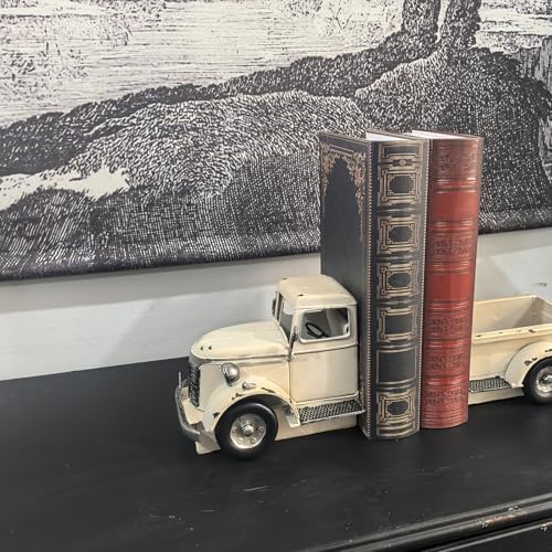 Decorative Book Ends Vintage Bookends: Metal Truck Book Stopper for Heavy Books - Farmhouse Decor for Shelf Table Coffee Bar Office Home - Gift for Adults Men Teen (Vintage White) - color: Vintage White