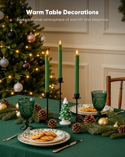 Homemory 6 Pcs Real Wax Green Flameless Taper Candles with Remote Timer, 9.6 Inches LED Fake Candlesticks, LED Candle with 3D Flickering Flame for Romantic Wedding, Dinner, Xmas Anniversary Decor - style: Nature - Green 9.6"