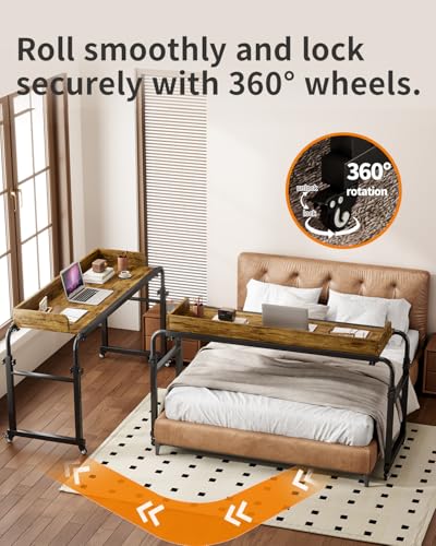 Saifu Overbed Table with Wheels, Adjustable Height & Length Laptop Desk for Bed, King & Queen Size Beds Bed Table, Rolling Standing Desk, Over Bed Table for Working Reading Eating, Red Brown - color: Red Brown