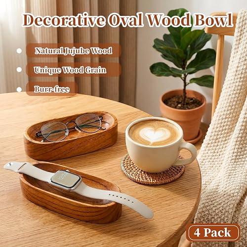 Mechi 4 Pack Decorative Oval Wood Bowl, 7 Inch Long Handcrafted Wooden Boat Bowl, Small Entryway Catchall Tray Holder for Snack, Sauce, Jewelry, Ring, Key, Remote, Home Decor, Table Centerpiece