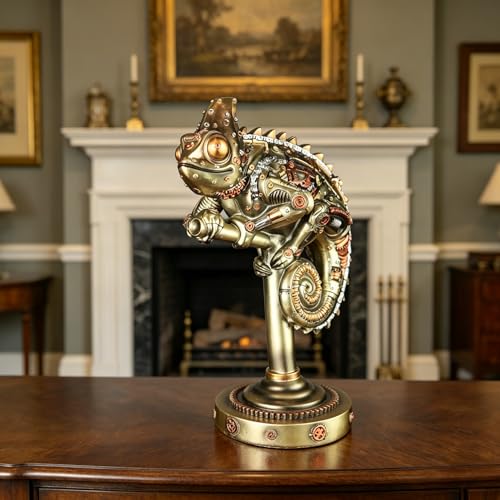 GENUINQ Steampunk Lizard Chameleon Statue Hand Painted Sculpture Resin Cyborg Sci-fi Collectible Figurine with Cool Gear for Home Table Book Shelf Man Cave Decor Gold
