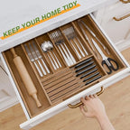 Bamboo Kitchen Silverware Drawer Organizer - Expandable Wood Utensil Holder with Dividers, Luxury Cutlery Storage Tray for Kitchen Utensil and Flatware (5-7 Slots with Removable Knife Block, Walnut) - color: Walnut