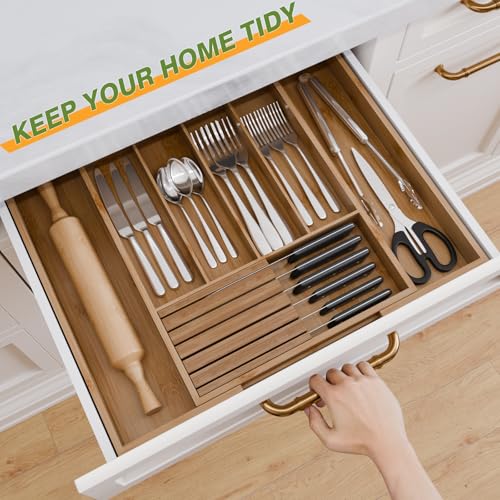 Bamboo Kitchen Silverware Drawer Organizer - Expandable Wood Utensil Holder with Dividers, Luxury Cutlery Storage Tray for Kitchen Utensil and Flatware (5-7 Slots with Removable Knife Block, Walnut) - color: Walnut