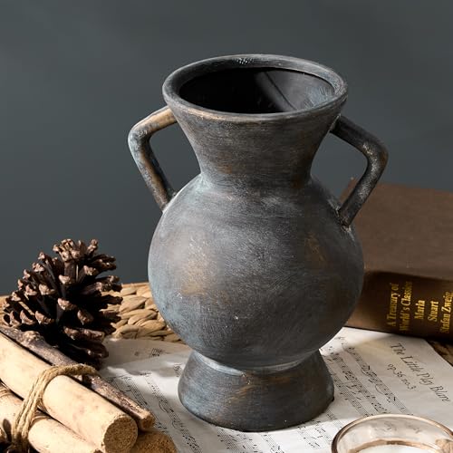 LUKA Antique Ceramic Vase with 2 Handle,9.25 inches Rustic Vase Minimalist Decor, Decorative Vases for Home Decor, Table, Living Room, Shelf, Christmas Decoration(Large,Black and Gold) - color: L-black and Gold(9.25 In)