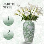 Spring Floral Ceramic Vase, Green and White Chinoiserie Vase with Hand-Painted Peony Design, 14 Inch Tall Decorative Vase for Home Decor, Table Centerpiece