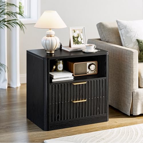 IRONCK Fluted Night Stand, Modern Nightstand with Charging Station, Drawers and Open Shelves - Bedside Table Wood Side Table for Bedroom, Black - color: Black