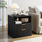 IRONCK Fluted Night Stand, Modern Nightstand with Charging Station, Drawers and Open Shelves - Bedside Table Wood Side Table for Bedroom, Black - color: Black