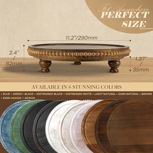 EOSAHR Acacia Wood Beaded Round Display Riser for Room Decor – 3-Leg Wooden Pedestal Stand for Coffee Table Decor, Cake Stand, Perfume & Vanity Organizer – Boho Home Decor for Kicthen Counter (Acacia Wood) - color: Acacia