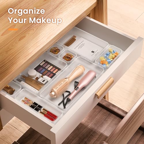 A-LuGei 【XL Size Only Us】 Drawer Organizer, 【𝟱𝗦𝗶𝘇𝗲】 Makeup organizer, 【Holds 177 Items】 Bathroom Organizers and Storage, Organization and Storage, Desk Drawer Organizer for Bathroom Vanity - color: Clear