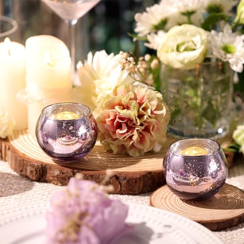 Volens Round Purple Votive Candle Holders Set of 12, Purple Wedding Centerpiece Table Decorations, Mercury Glass Tealight Candle Holder for Bridal Shower, Baby Shower & Home Decor - color: Purple