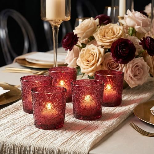 12 Pack Mandala Embossed Glass Candle Holders – Votive Tealight Holders with Patent Design, Decorative Embossed Glass Cups for Wedding Centerpieces, Parties, and Home Décor (Wildberry Red) - color: Wildberry Red