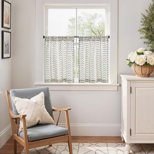 jinchan Boho Linen Blend Kitchen Curtains 24 Inch Length Herringbone Printed Tier Curtains for Small Windows Bathroom Cafe Laundry Room Set of 2 Rod Pocket Blue on Linen - color: Arrow | Blue on Linen, size: 26"W x 24"L (Pack of 2)