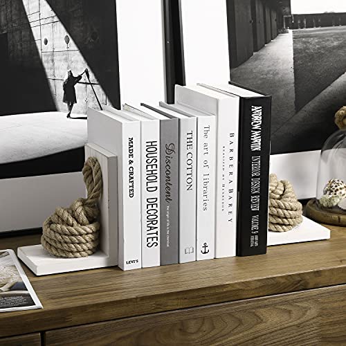 MyGift Vintage Decorative Bookends, Book Ends Shelf, L Shaped Office Desk Book Holder, Beach House Decor, White Solid Wood with Nautical Knot Rope, 2 Packs