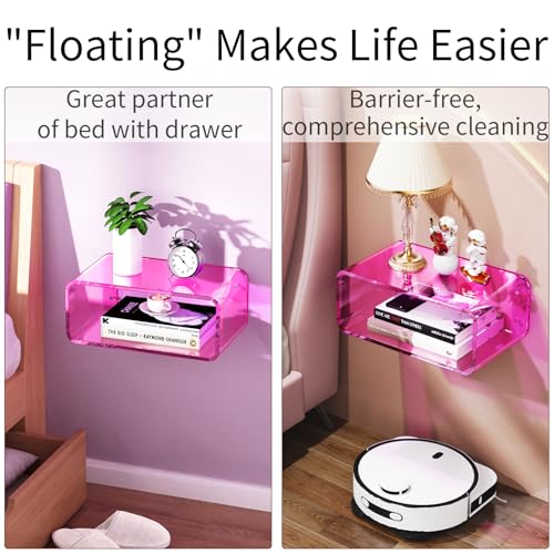 Acrylic Floating Nightstand, Bedside Table, Nightstand Shelf Wall Mounted Bedside Shelf (Pink, Small) - color: Pink