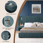 Luxury Queen Size Bed Frame with Oversized Upholstered Headboard, Modern Chenille Upholstered Platform Bed Frame with Gold LED Lights, Nightstands, No Box Spring Needed, Blue - color: Blue, size: Queen