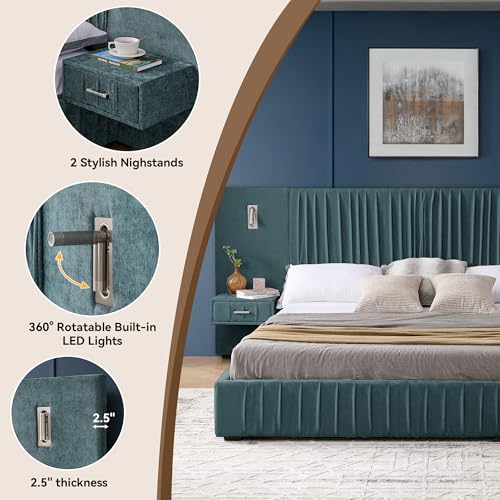 Luxury King Size Bed Frame with Oversized Upholstered Headboard, Modern Chenille Upholstered Platform Bed Frame with Gold LED Lights, Nightstands, No Box Spring Needed, Blue - color: Blue, size: King