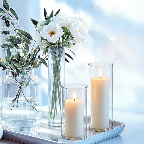 24 Pcs White Pillar Candles and Glass Candle Holders Cylinder Candle Vases for Pillar Candles Hurricane Candle Holders Set for Wedding Party, Event, Home Office Decor - size: 12 set