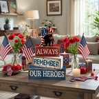 CroBlissful 4 Pcs Memorial Day Decorations 4th of July Patriotic Tabletop Decoration Red White Blue Table Centerpieces Alway Remember Our Heroes Sign for Tiered Tray Home Shelf 250th Anniversary - style: 4th of July