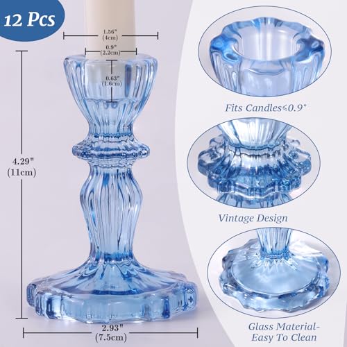 12pcs Taper Candle Holders, Candle Stick Holders, Glass Candle Holder - Vintage Flower Blue Candle Holders for Wedding, Baby Shower & Home Decor (Blue) - color: Blue