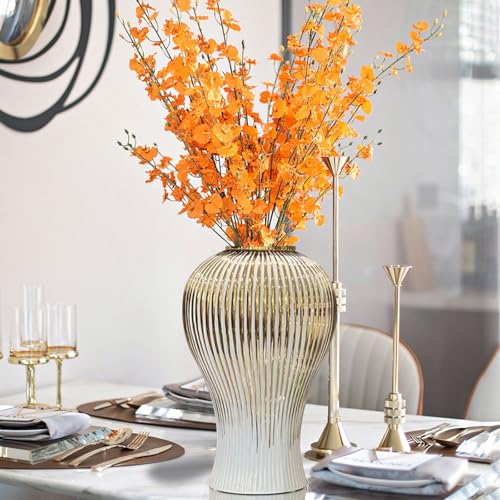 Ginger Jar, White Gold Ceramic Vase Large Handmade Porcelain Vases with Lid, White Gold Decorative Flower Vase for Home, Living Room, Weddings, Centerpieces (B-Medium) - size: B-Gold-Medium