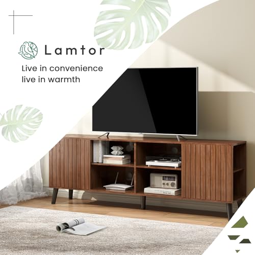 Lamtor TV-Stands for Living Room - Mid Century Modern TV Stand for 75+ inch TV, Entertainment Center with Storage, Media Console with Adjustable Shelves, Walnut