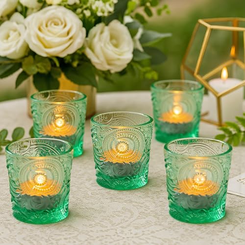 6 Pack Sun Moon Star Embossed Glass Tea Light Candle Holders - Votive Candle Holders for Wedding, Party, Home Decor, and Table Centerpieces (Apple Green) - color: Apple Green