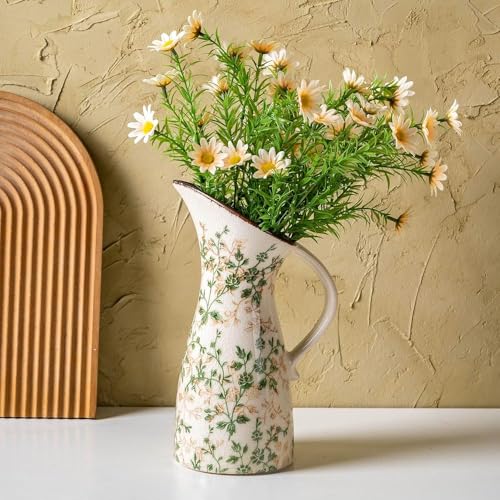 for Mom from Daughter or Son, Vintage Ceramic Pitcher Vase with Handle 10.5”, Green Farmhouse Floral Vase, Chinoiserie Rustic Decor for Living Room, Bookshelf, Office - color: 15-green and Beige