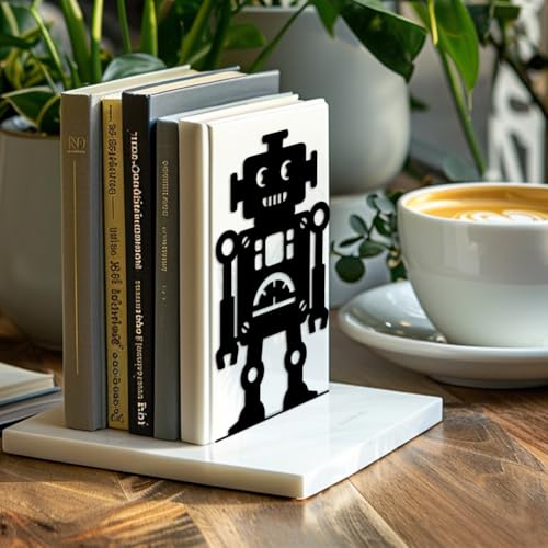 Peacoblue Metal Bookends for Shelves, Modern Decorative Heavy Duty Study Book Support Stoppers for Office, Desk, Shelf, Room 5.3"x4.3"x7.9" Cast Iron Simple Tall Bookends, 1 Pair (Robot) - style: Robot
