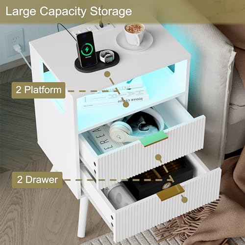 JOONEE White Nightstand with Charging Station and LED Lights,Modern Bedside Table with 2 Storage Drawer and Open Wood Shelf, for Bedroom and Small Spaces,Night Stand with Solid Wood Legs,White - color: White