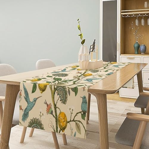 Table Runner with Flowers and Birds, Spring Plant Flowers Table Decoration Linen Table Runner Family Party Party Decorations 13x36 Inches - color: Flowers Birds-9, size: W13x36L