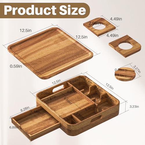 Couch Cup Holder, Couch Tray Cup Holder Sofa Tray, Acacia Wood Large Capacity 2-Tier Wooden Trays with Drawer for Sofa, Bed, Picnic, Drinks, Snacks, Remote, Cell Phone 12.5 * 12.5 in - color: Acacia Wood