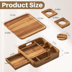 Couch Cup Holder, Couch Tray Cup Holder Sofa Tray, Acacia Wood Large Capacity 2-Tier Wooden Trays with Drawer for Sofa, Bed, Picnic, Drinks, Snacks, Remote, Cell Phone 12.5 * 12.5 in - color: Acacia Wood