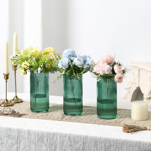 Green Glass Vases, Flower Vases Set of 3, Ribbed Glass Vase for Tulips, Tall Cylinder Glass Vases for Living Room, Bedroom, Dining Table, Office, Wedding, Bookshelf Decoration, 8 Inches - color: Green, size: 8'' X 3Pack