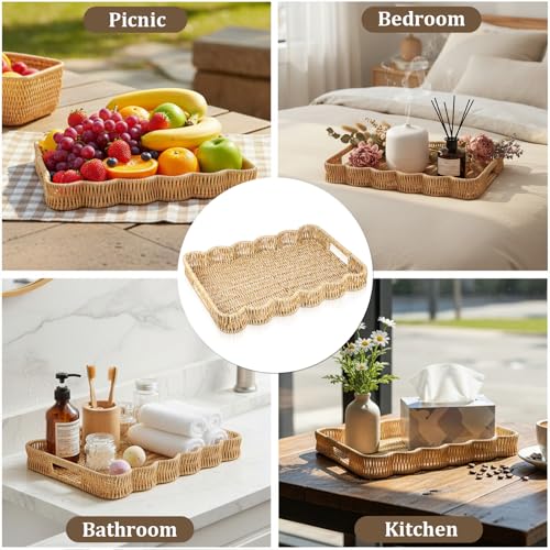 Scalloped Tray Rectangle with Handles, 13.98 x 9.84 x 1.77 Inch Hand Woven Serving Trays Rustic Plastic Coffee Table Decorative Tray for Living Room, Kitchen, Bathroom, Dining Table Decor