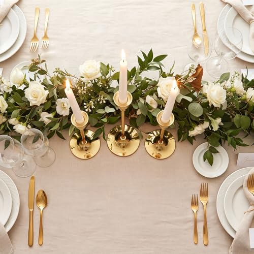 3 Pcs Bell-Shape Gold Candlestick Holders - 7" & 4.7" Tall Taper Candle Holders for Elegant Table Centerpiece and Home Decor