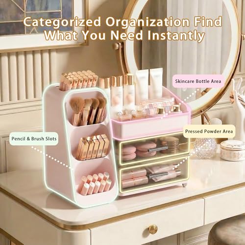 Large Capacity Makeup Organizer Countertop with Makeup Brush Holder for Vanity, Thickened Material, Bathroom Countertop Organizer Skin Care Perfumes Storage, Teen Girl Gifts for 12-23 Year（pink） - color: Pink
