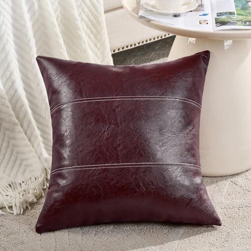 Fancy Homi 2 Packs Burgundy Faux Leather Decorative Throw Pillow Covers 18x18 Inch for Living Room Couch Bed Sofa, Farmhouse Boho Home Decor, Wine Red Hand Stitched Accent Square Cushion Case 45x45 cm - color: Burgundy, size: 18" x 18" (Pack of 2)
