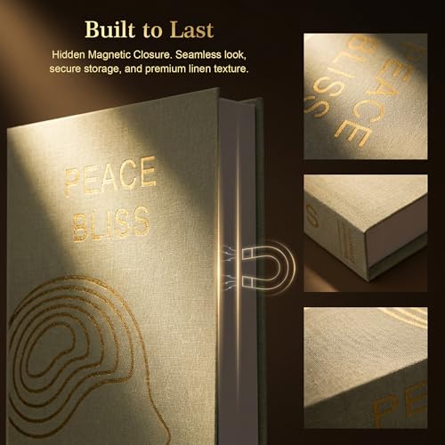 Decorative Book Box Set of 3 with Storage - Linen Hardcover Faux Books for Coffee Table, Bookshelf - Includes Energy Card & Keepsake Gift (Beige)
