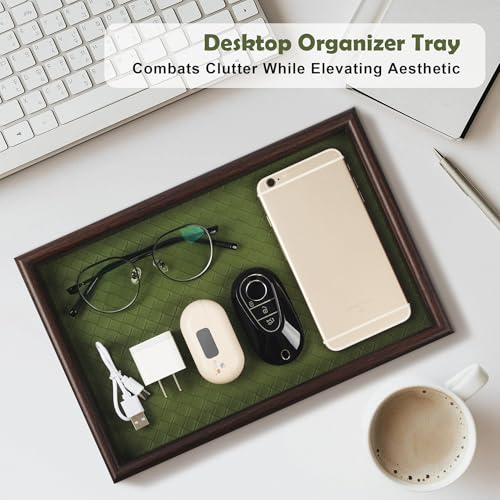 Zosenley Wooden Valet Tray with Leather Base - Nightstand Catchall Organizer for Cologne, Perfume, Keys, Wallet, Phone, Watch, Jewelry & Sunglasses (2Pcs Green) - color: 2Pcs Green