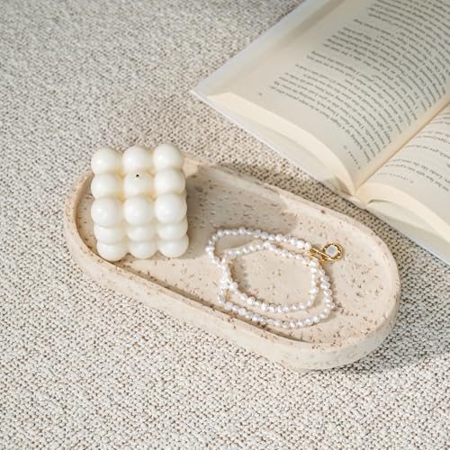 DN DECONATION Resin Decorative Tray with Legs, 4 Footed Coffee Table Trays Decor, Travertine Look Vanity Tray for Perfume Jewelry Bathroom Soap Kitchen Countertop Dresser, Oval 9.53x1.97in - style: 4 Footed