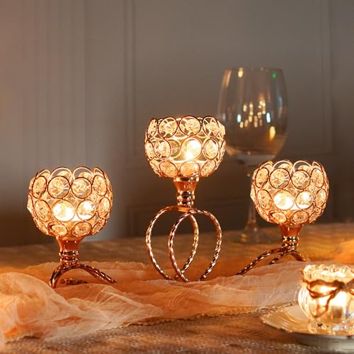 Gold 3 Arm Metal Crystal Tea Light Candle Holder, Elegant Wedding Table Centerpiece Candleholder, Christmas Wishing Crystal Bowl Candle Holder Suitable for Wedding Party Living Room Decoration - color: Gold, size: Set of 1