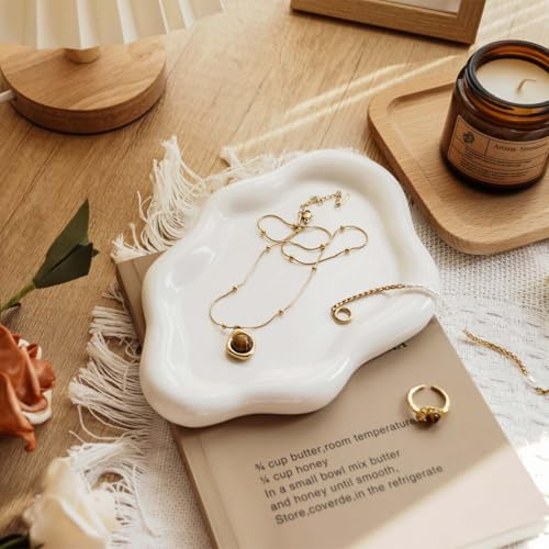 Gifts For Women White Ceramic Jewelry Dish Tray, Vanity Ring Dish Ceramic Jewlery Trays Trinket Ring Holder, Room Decor Aesthetic,Decorative Cloud Vanity Key Tray Present for Wife Mom Daughter (Cloud) - style: Cloud