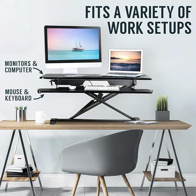 TechOrbits OF-S06-2 Desk Converter-37-inch Height Adjustable, MDF Wood, Sit-to-Stand Rise-X Pro Black, 36" - size: 36" MDF Wood